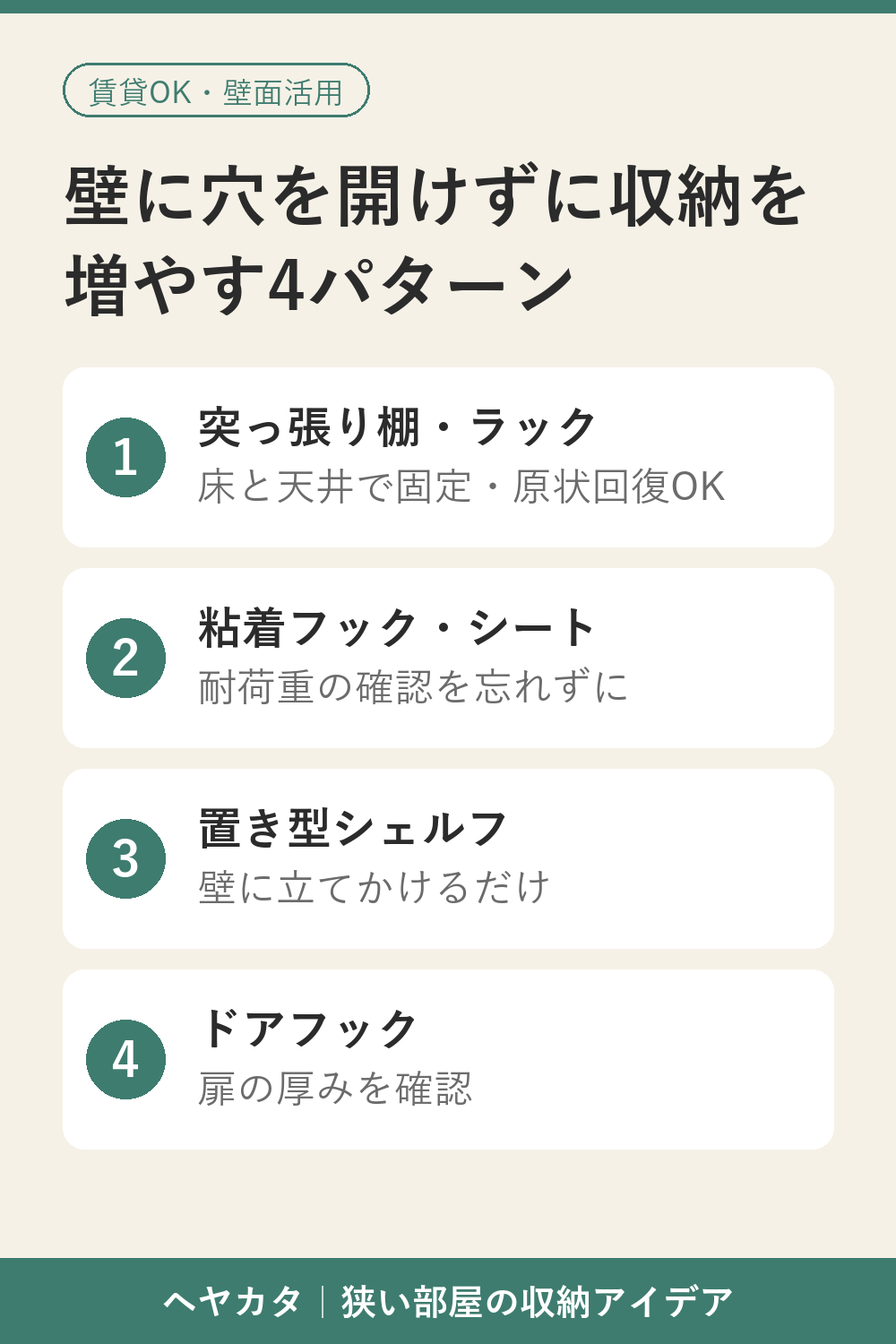 壁面と突っ張り家具を使った縦の収納アイデアの図解
