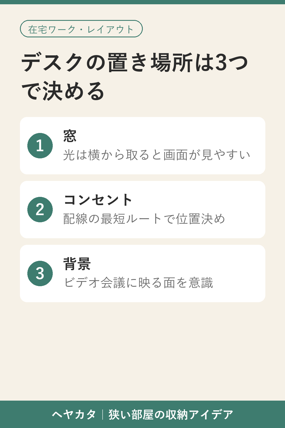 部屋の広さ別に在宅ワークデスクを置く位置を示した図解